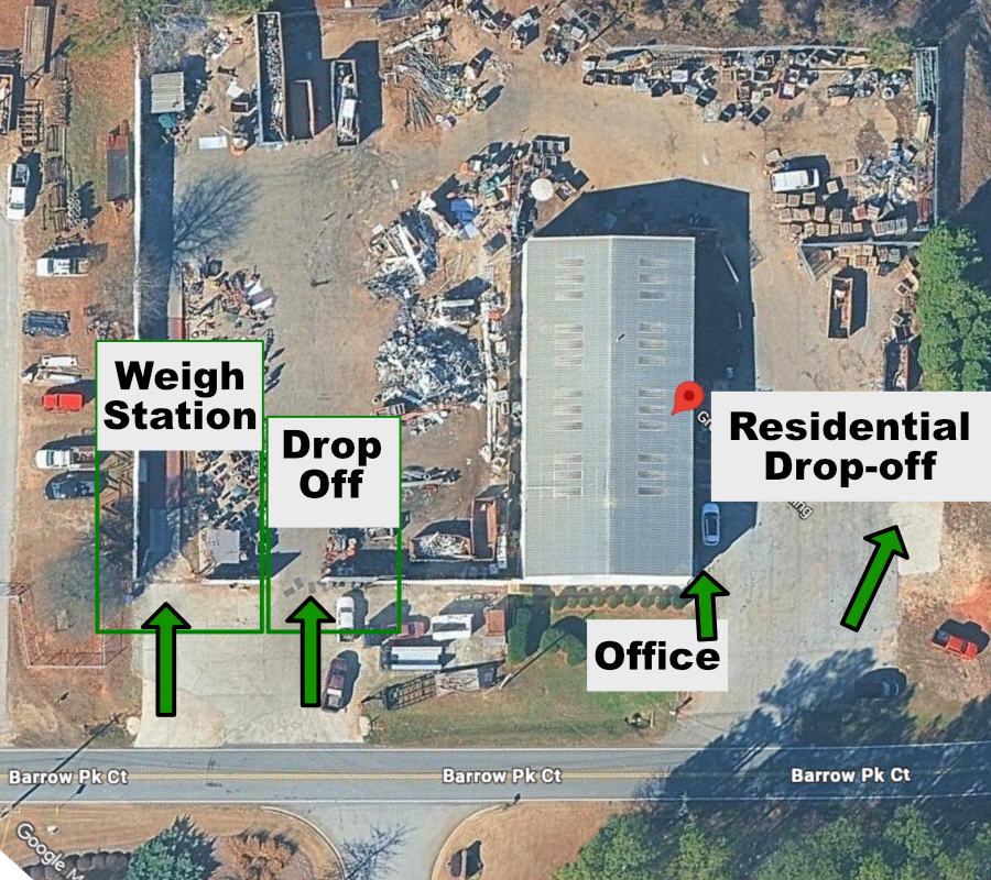 Green Point Recycling facility map showing the weigh station, drop off, office, and residential drop-off areas